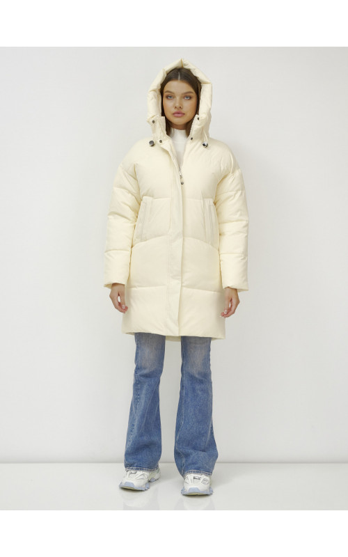Женский зимний пуховик с капюшоном, светло-бежевый, удлинённый. в Тюмени