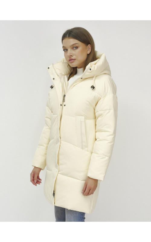 Женский зимний пуховик с капюшоном, светло-бежевый, удлинённый. в Тюмени