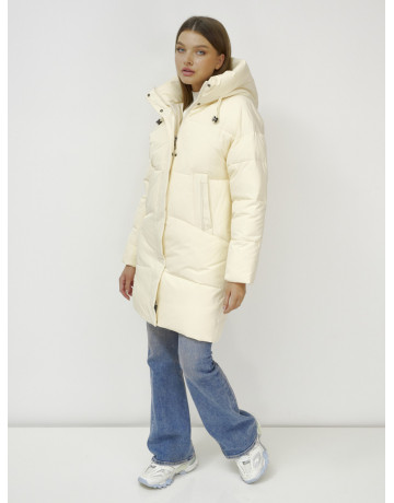 Женский зимний пуховик с капюшоном, светло-бежевый, удлинённый. в Тюмени