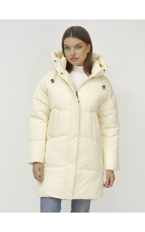 Женский зимний пуховик с капюшоном, светло-бежевый, удлинённый. в Тюмени