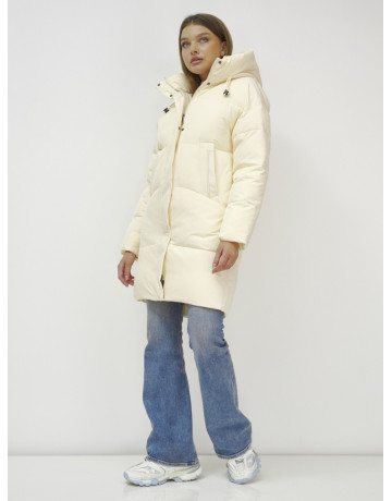 Женский зимний пуховик с капюшоном, светло-бежевый, удлинённый. в Тюмени
