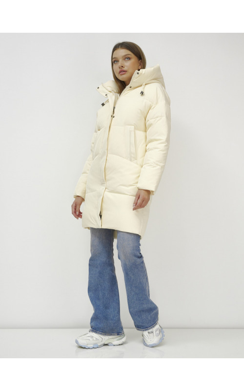 Женский зимний пуховик с капюшоном, светло-бежевый, удлинённый. в Тюмени