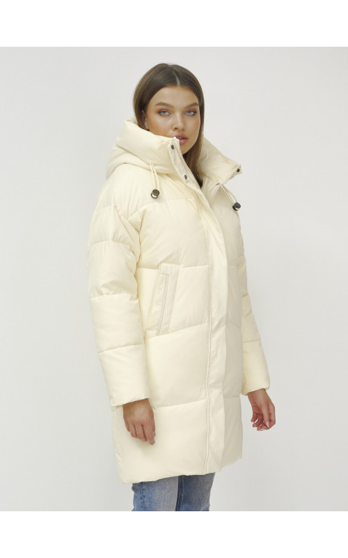 Женский зимний пуховик с капюшоном, светло-бежевый, удлинённый. в Тюмени