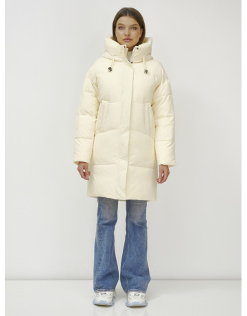 Женский зимний пуховик с капюшоном, светло-бежевый, удлинённый. в Тюмени
