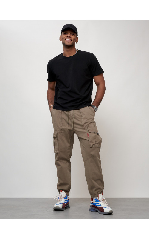 Мужские брюки карго с накладными карманами, бежевые. в Тюмени