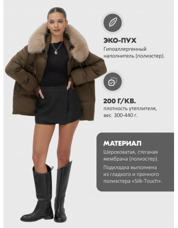 Пуховик с мехом песца, зима 2025, свободный крой