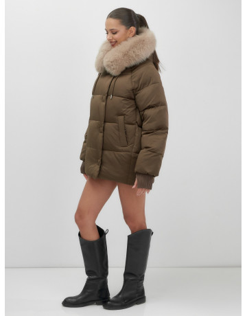 Пуховик с мехом песца, зима 2025, свободный крой