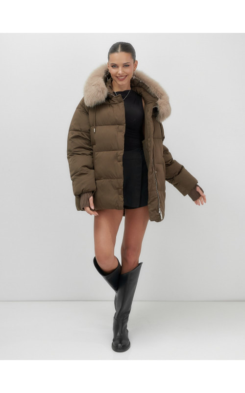 Пуховик с мехом песца, зима 2025, свободный крой