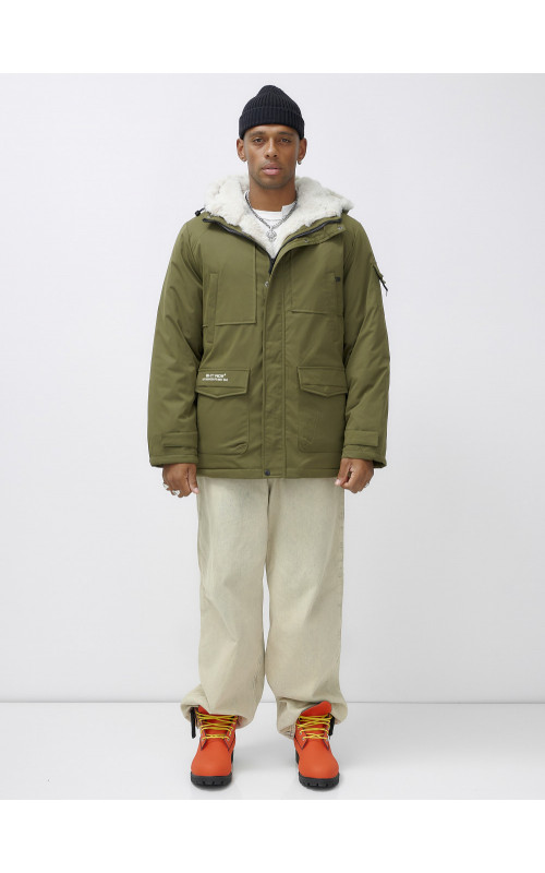 Мужская зимняя парка удлинённая с мехом, хаки, для активного отдыха в Тюмени