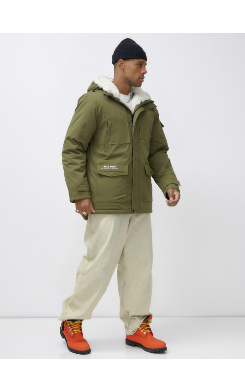 Мужская зимняя парка удлинённая с мехом, хаки, для активного отдыха в Тюмени