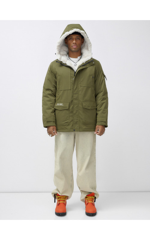 Мужская зимняя парка удлинённая с мехом, хаки, для активного отдыха в Тюмени