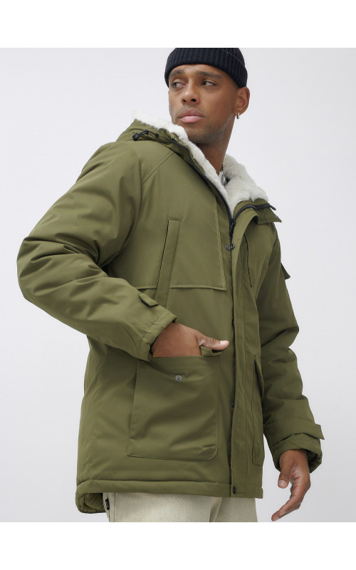 Мужская зимняя парка удлинённая с мехом, хаки, для активного отдыха в Тюмени