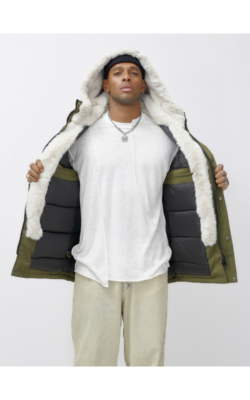 Мужская зимняя парка удлинённая с мехом, хаки, для активного отдыха в Тюмени