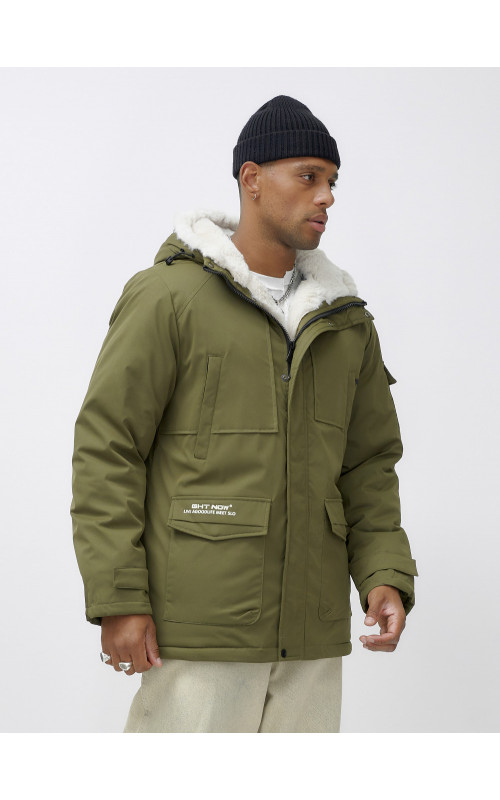 Мужская зимняя парка удлинённая с мехом, хаки, для активного отдыха в Тюмени