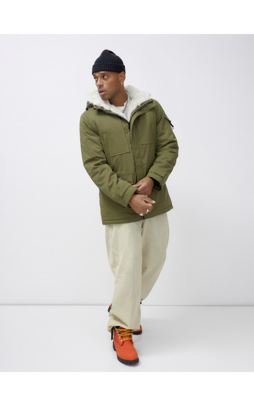 Мужская зимняя парка удлинённая с мехом, хаки, для активного отдыха в Тюмени