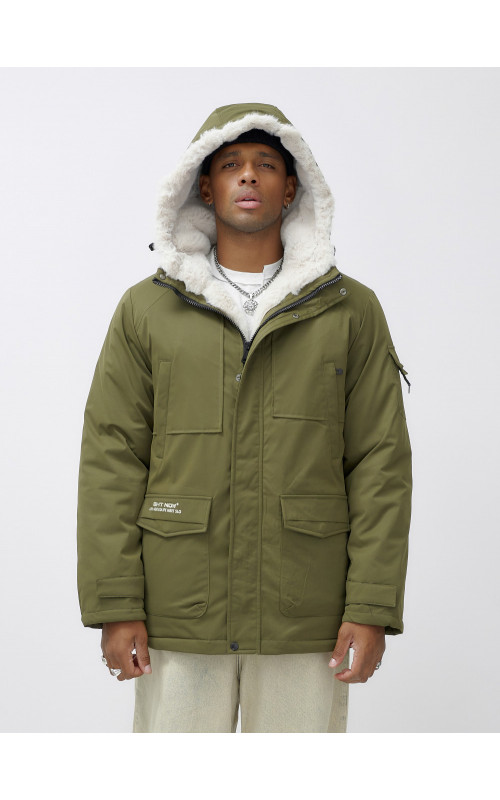 Мужская зимняя парка удлинённая с мехом, хаки, для активного отдыха в Тюмени
