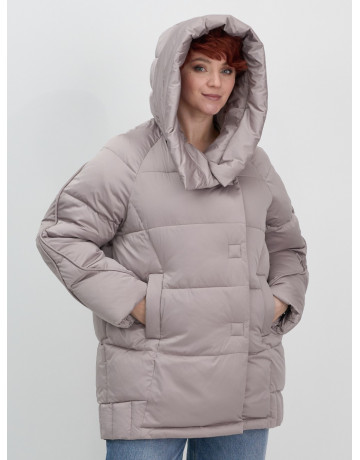 Пуховик зимний женский с капюшоном, светло-коричневый. в Тюмени