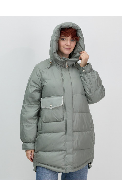 Зимний женский пуховик с капюшоном, зелёный. в Тюмени