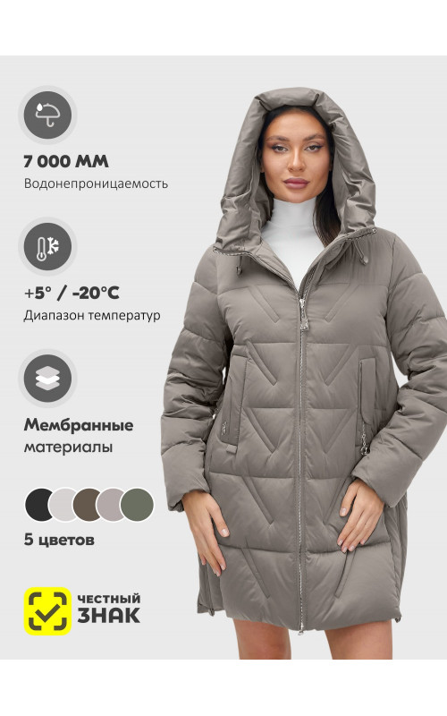 Пуховик зимний женский с капюшоном, серый. в Тюмени