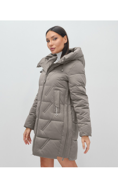 Пуховик зимний женский с капюшоном, серый. в Тюмени