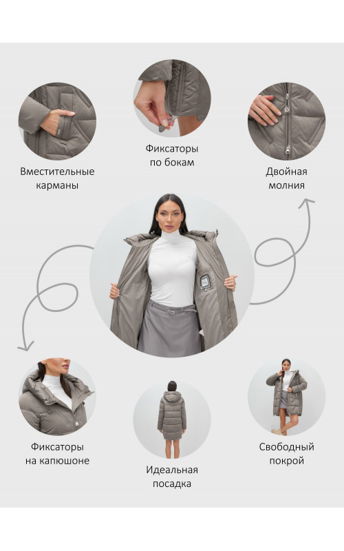 Пуховик зимний женский с капюшоном, серый. в Тюмени