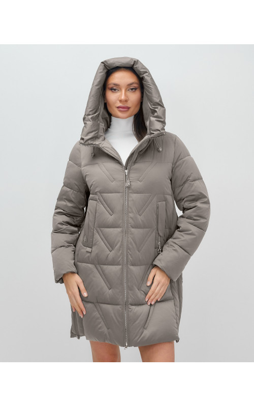 Пуховик зимний женский с капюшоном, серый. в Тюмени