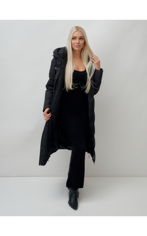 Длинный зимний пуховик с капюшоном для женщин