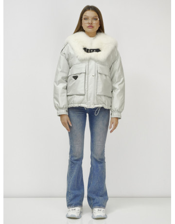 Зимний женский бомбер-куртка с меховой опушкой.