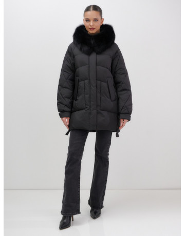 Пуховик с мехом песца для женщин, удлиненный, чёрный.