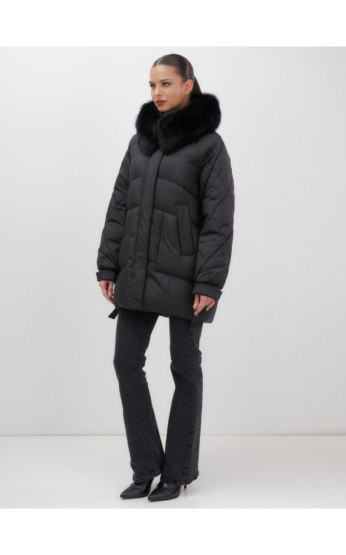 Пуховик с мехом песца для женщин, удлиненный, чёрный.