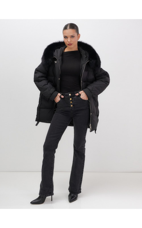 Пуховик с мехом песца для женщин, удлиненный, чёрный.
