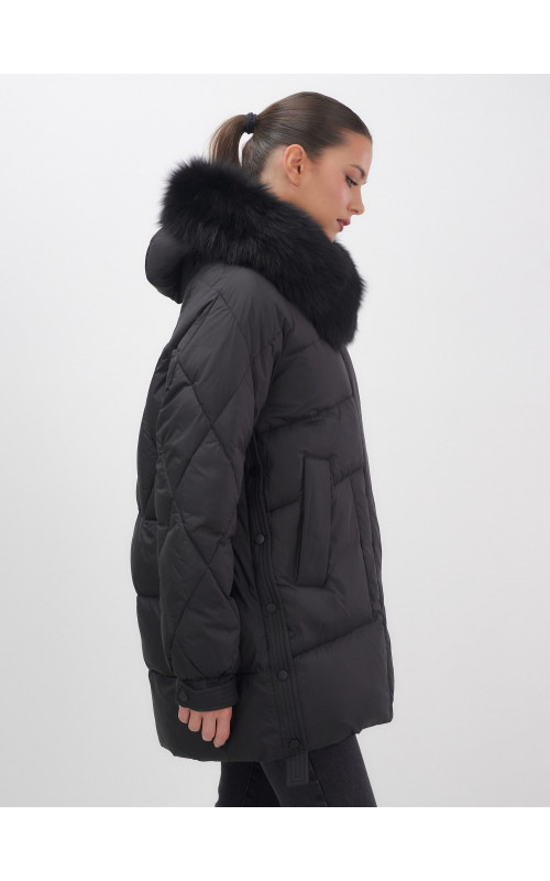 Пуховик с мехом песца для женщин, удлиненный, чёрный.