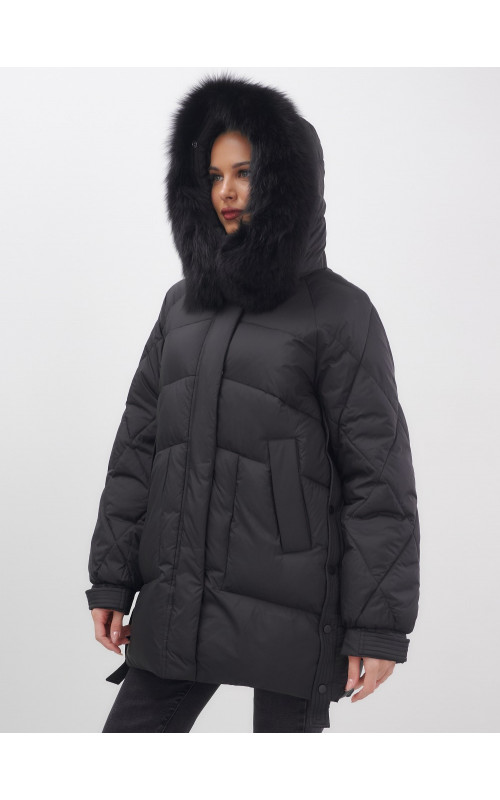 Пуховик с мехом песца для женщин, удлиненный, чёрный.