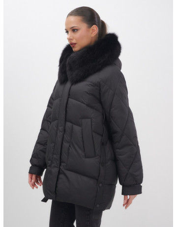 Пуховик с мехом песца для женщин, удлиненный, чёрный.