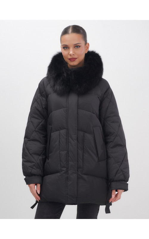 Пуховик с мехом песца для женщин, удлиненный, чёрный.