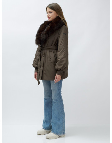 Удлинённый пуховик женский зимний с мехом песца, коричневый. в Тюмени