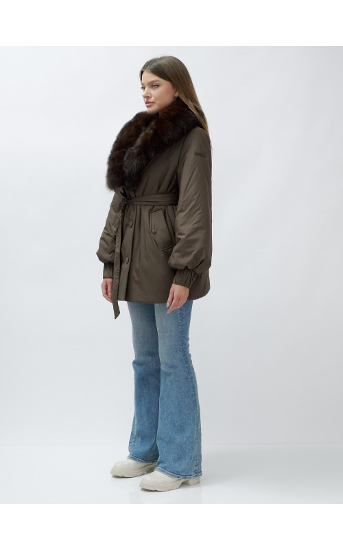 Удлинённый пуховик женский зимний с мехом песца, коричневый. в Тюмени