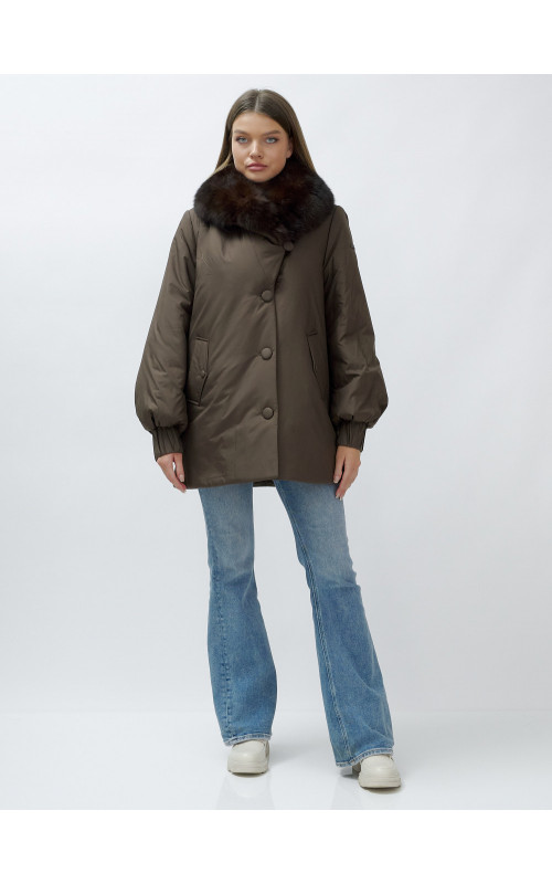 Удлинённый пуховик женский зимний с мехом песца, коричневый. в Тюмени