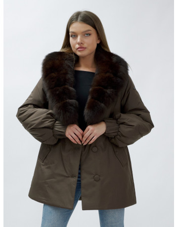 Удлинённый пуховик женский зимний с мехом песца, коричневый. в Тюмени