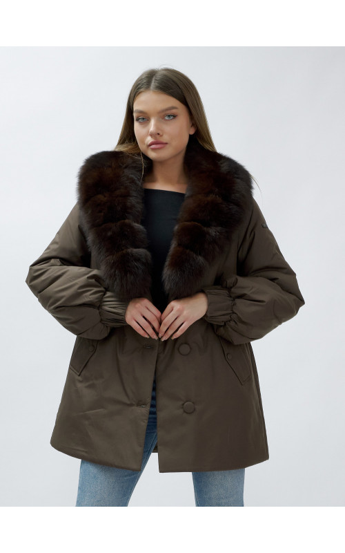 Удлинённый пуховик женский зимний с мехом песца, коричневый. в Тюмени