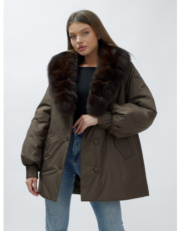 Удлинённый пуховик женский зимний с мехом песца, коричневый. в Тюмени