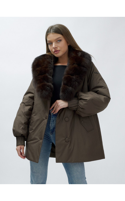 Удлинённый пуховик женский зимний с мехом песца, коричневый. в Тюмени