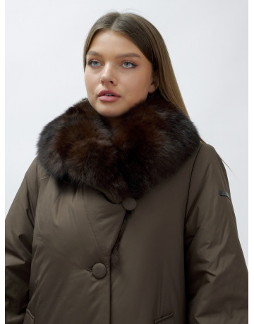 Удлинённый пуховик женский зимний с мехом песца, коричневый. в Тюмени