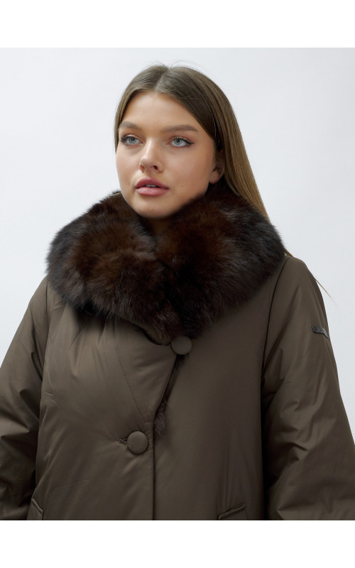 Удлинённый пуховик женский зимний с мехом песца, коричневый. в Тюмени