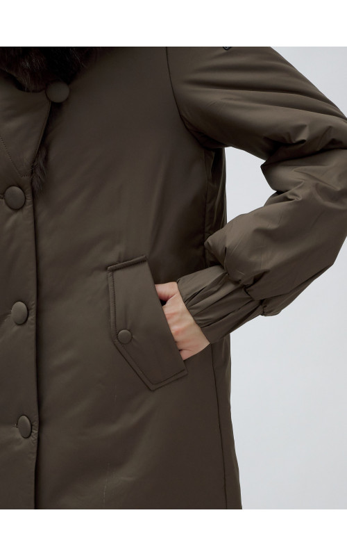 Удлинённый пуховик женский зимний с мехом песца, коричневый. в Тюмени