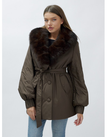 Удлинённый пуховик женский зимний с мехом песца, коричневый. в Тюмени