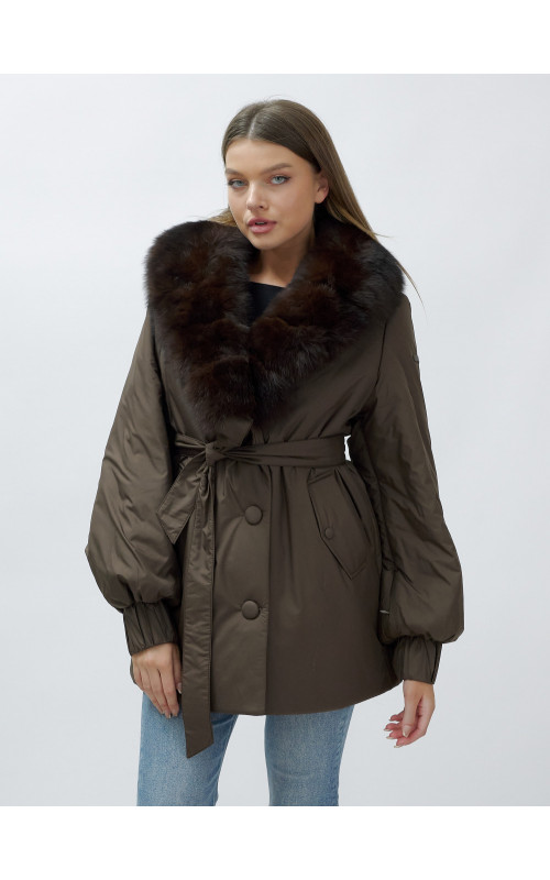 Удлинённый пуховик женский зимний с мехом песца, коричневый. в Тюмени