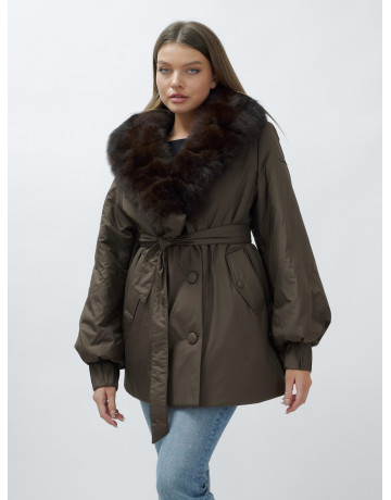 Удлинённый пуховик женский зимний с мехом песца, коричневый. в Тюмени