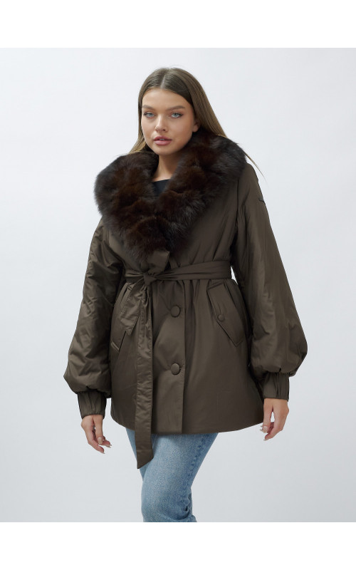 Удлинённый пуховик женский зимний с мехом песца, коричневый. в Тюмени