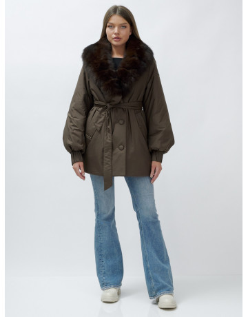 Удлинённый пуховик женский зимний с мехом песца, коричневый. в Тюмени